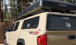 A split image showing an overlanding truck with a roof top tent next to a truck bed camping setup with a fiberglass cap.